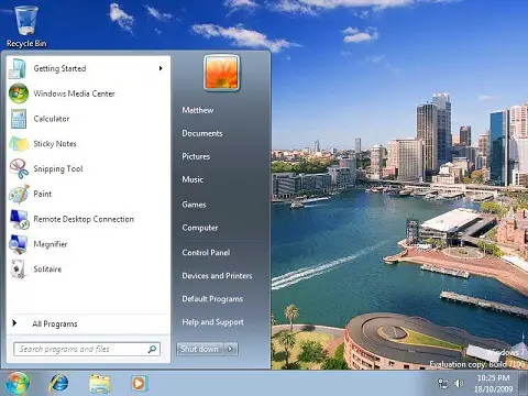 Windows 7 Desktop  with custom background, start menu and new task bar