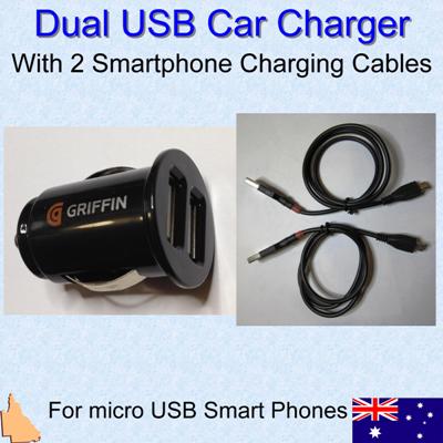 Dual Car Charger 2 Micro USB Smartphone Charging Cables